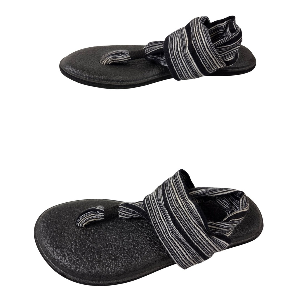 Sanuk Yoga Sling Thong Black White Stripe Fresh Beachy Vibe Sandal Women Size 8